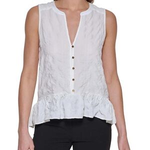 DKNY White Sleeveless Peplum Top L Button Front Chic Blouse
